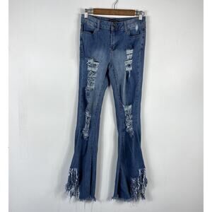 Traffic Jeans Size 5 Distressed Fringe Hem Flare Leg Jeans Blue